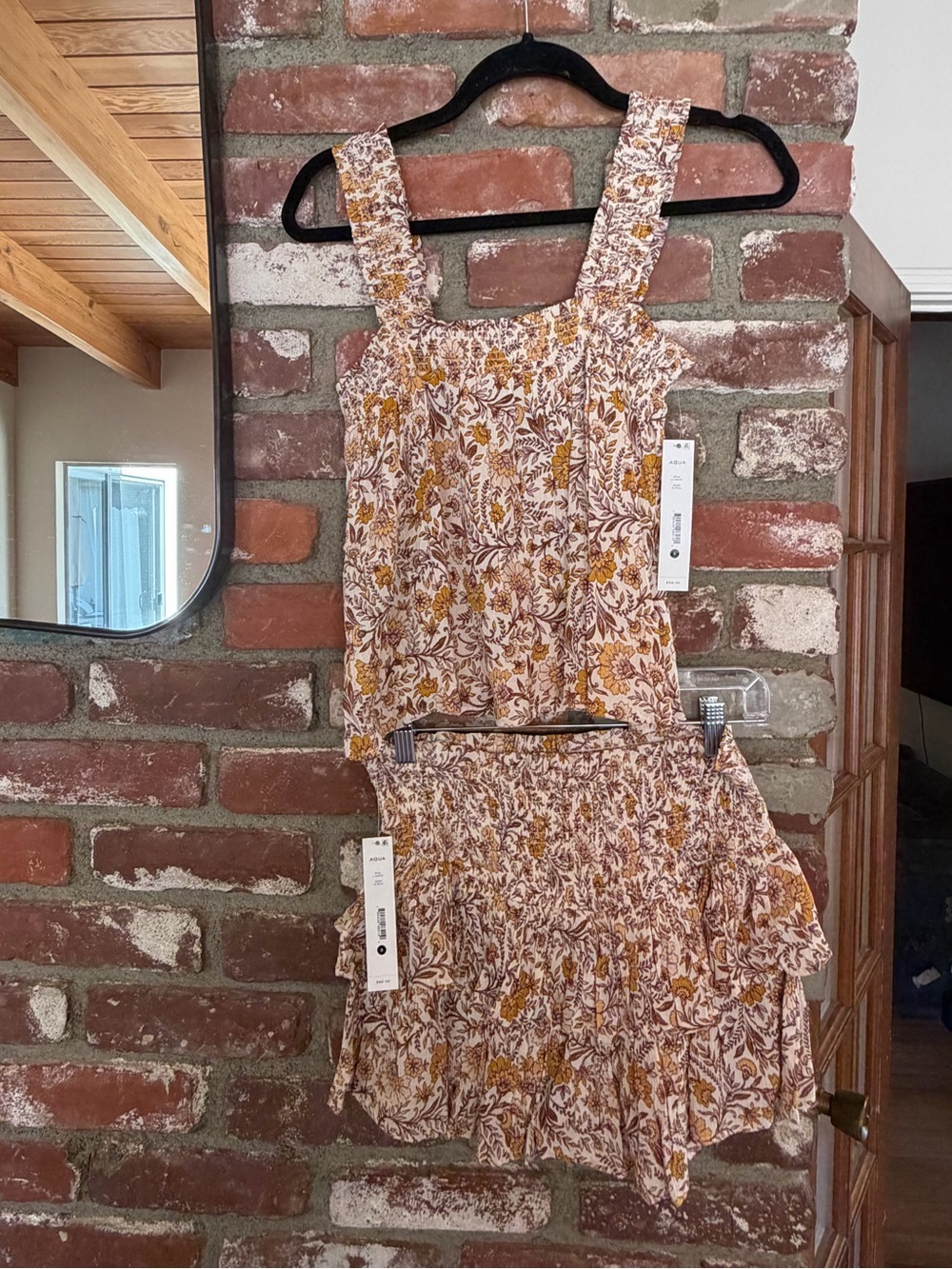 Aqua Cream Top & Skirt Set with Mustard and Brown Floral Print